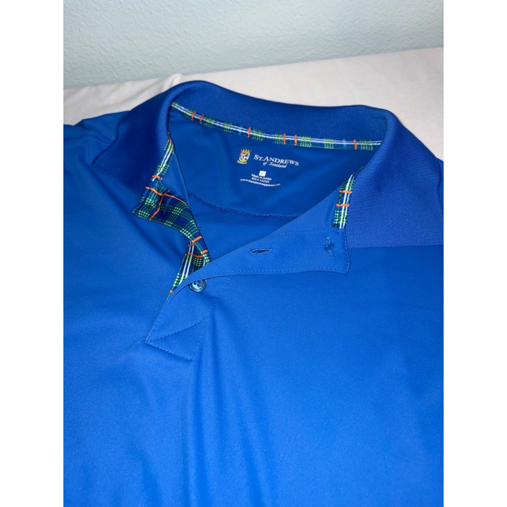 St Andrews of Scotland Mens Golf Polo Shirt Blue Plaid Trim Performance Large